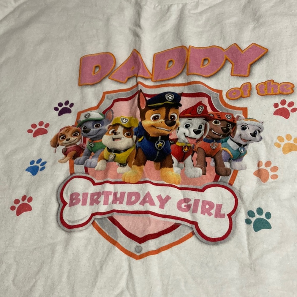 All 4 shirts of Paw Patrol size 3x T shirt Daddy,Mommy size small,and a medium!